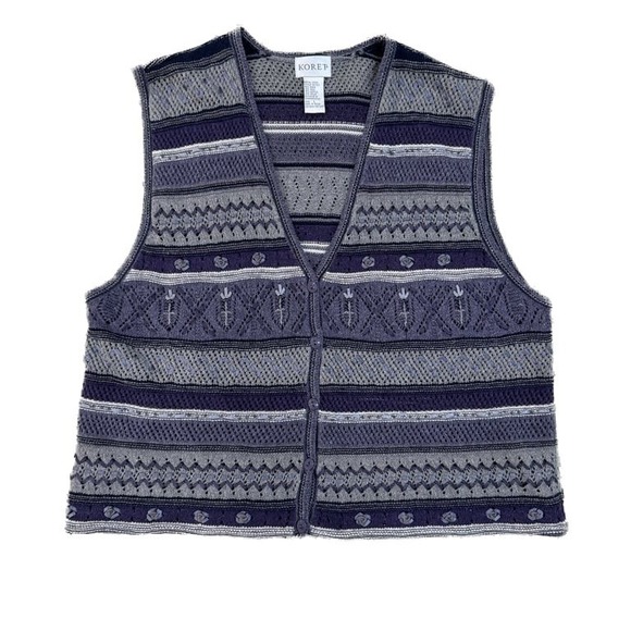 Koret Sweaters - Vintage Koret Knit Sweater Vest Purple Floral Ramie Wool Blend Women's Large